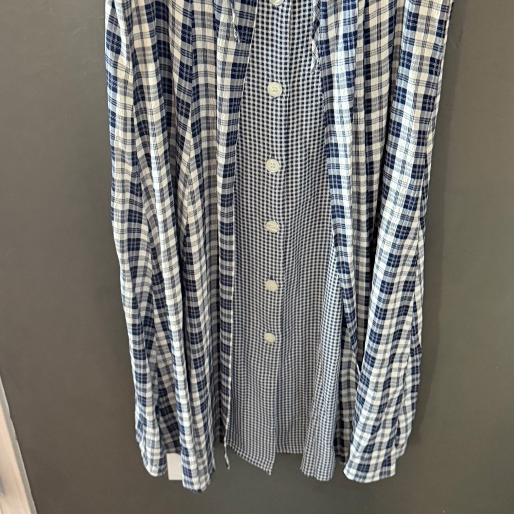 Cottage Vintage 90s Newport News Blue White Plaid Gingham Tie Front Maxi Dress - Picture 4 of 9